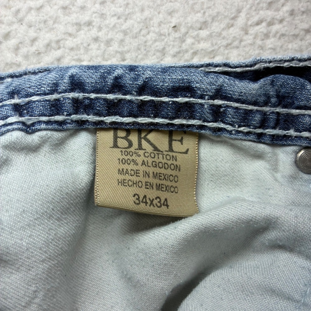 BKE Tyler Bootleg Jeans Men 34x34 Blue Fade Whiskered Distressed Western Bootcut - Picture 6 of 10